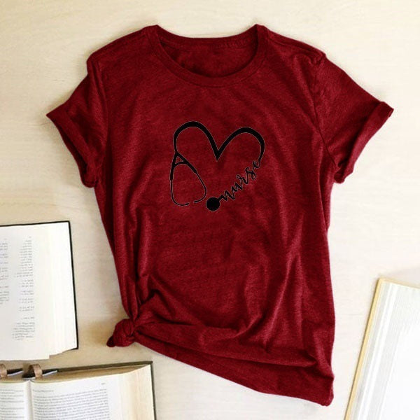 Nurse Stethoscope Heart Print T Shirt Women Short Sleeve O Neck Loose Tshirt Summer Women Tee Shirt Tops Camisetas Mujer - Respiratory Teacher