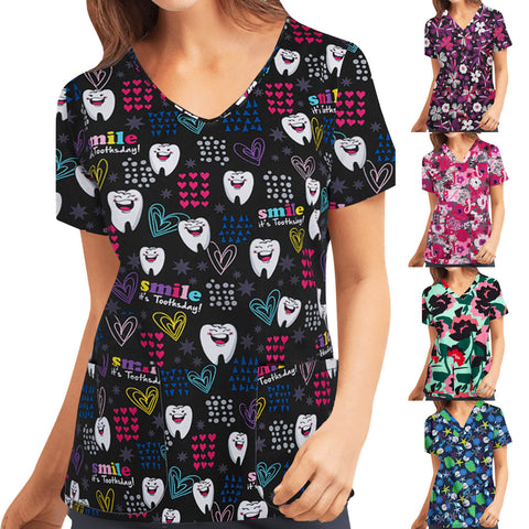 Women Short Sleeve V-Neck Nurse Uniform Hospital Workers Tooth Heart Funny Graphic T-Shirt Scrub Tops Working Uniform Blouse A40 - Respiratory Teacher