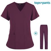 Women&#39;s short-sleeve V-neck solid color nursing work scrub uniform suit clinic nurse uniform protective clothing care worker lab - Respiratory Teacher
