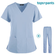 Women&#39;s short-sleeve V-neck solid color nursing work scrub uniform suit clinic nurse uniform protective clothing care worker lab - Respiratory Teacher