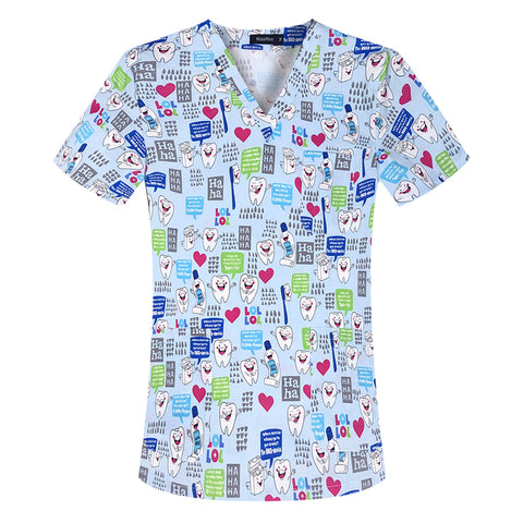100% Cotton Printing Nurse Medical Operating Room Doctor Nursing Uniform Cleaning Protective Clothing Tops Scrubs Short-sleeved - Respiratory Teacher