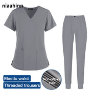 Pet Grooming Work Set Costumes Short-sleeved Nurse Uniform V-neck Lab Clothing Solid Color Workwear Dentist Jogging Work Clothes - Respiratory Teacher