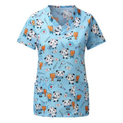 Women Scrub Top With V-Neck Floral Dog Print Scrub Uniforms thin Nurse Scrub Tops For Women Short Sleeve Blouse Healthcare Tunic - Respiratory Teacher