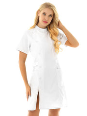 Womens Nurse Uniform Dresses Mandarin Collar Short Sleeve Slanting Button Front Medical Hospital Nurse Scrub Lab Coat Dress - Respiratory Teacher