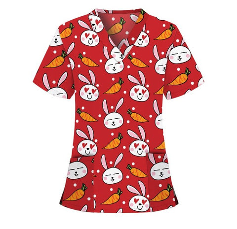 Women Medical Working Uniform T-Shirt Cartoon Bunny Easter Eggs Print Short Sleeve V-Neck Tops with 2 Pockets - Respiratory Teacher