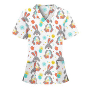 Women Medical Working Uniform T-Shirt Cartoon Bunny Easter Eggs Print Short Sleeve V-Neck Tops with 2 Pockets - Respiratory Teacher