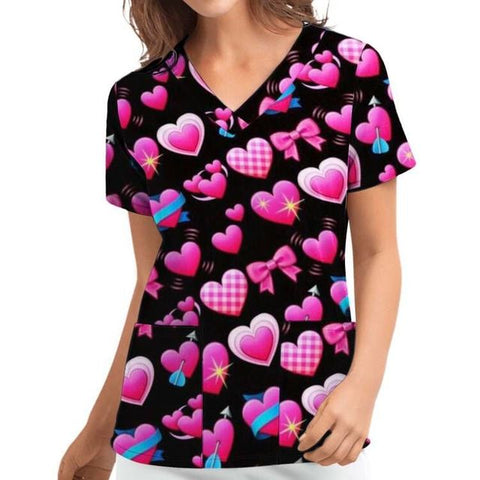Valentine&#39;s Day Scrubs Tops Women Nurse Working Uniforms Love Heart Print V Neck Short Sleeve Medical Scrub Shirts - Respiratory Teacher