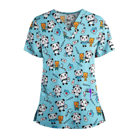 Women Fashion Short Sleeve Neck Tops Working Uniform Blouse Shirt Cute butterfly Print Nursing Scrubs Tops T Shirt Casual 2021 - Respiratory Teacher