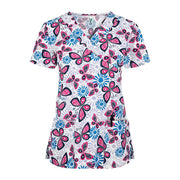 Women Fashion Short Sleeve Neck Tops Working Uniform Blouse Shirt Cute butterfly Print Nursing Scrubs Tops T Shirt Casual 2021 - Respiratory Teacher