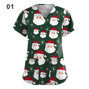 Christmas Printed Short-Sleeved V-neck Women&#39;s Nursing Tops Work Casual Tops T-Shirts Nurse&#39;s Uniform Medical Clothing - Respiratory Teacher