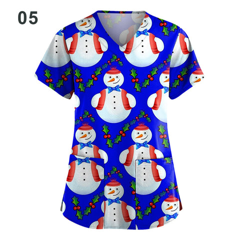 Christmas Printed Short-Sleeved V-neck Women&#39;s Nursing Tops Work Casual Tops T-Shirts Nurse&#39;s Uniform Medical Clothing - Respiratory Teacher