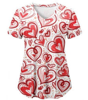 Valentine&#39;s Day Scrubs Tops Women Nurse Working Uniforms Love Heart Print V Neck Short Sleeve Medical Scrub Shirts - Respiratory Teacher
