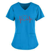 Women Ecg Print Medical Uniform Short Sleeve V-neck Tops Working Uniform Pocket Blouse Nurse Accessories Scrub Nursing Uniform - Respiratory Teacher