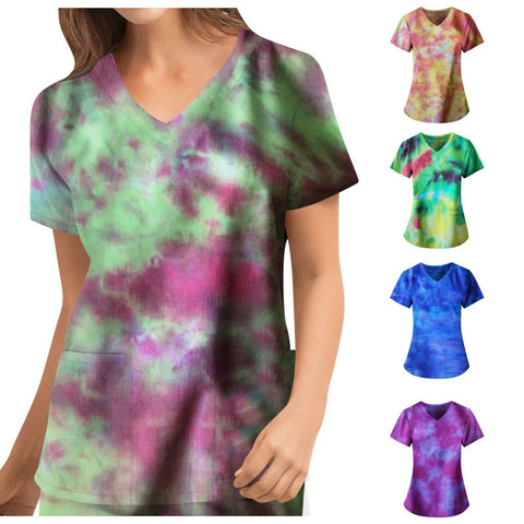 Women Tie Dye Nursing Scrub Short Sleeve Top Medical Uniform Pockets T-shirt Digital Technology Printing 2022 New Fashion - Respiratory Teacher