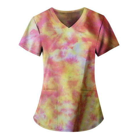 Women Tie Dye Nursing Scrub Short Sleeve Top Medical Uniform Pockets T-shirt Digital Technology Printing 2022 New Fashion - Respiratory Teacher