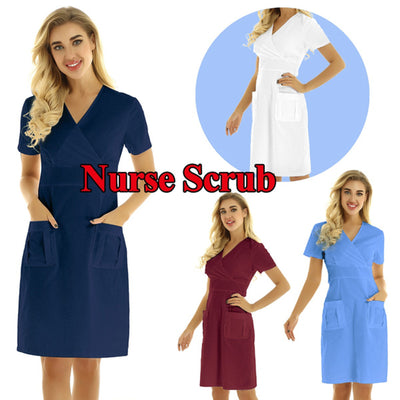 Nurse Working Uniforms Dress 2022 Women Casual Short Sleeve V-neck Solid Work Uniform Pocket Dresses Summer Medical Uniforms New - Respiratory Teacher